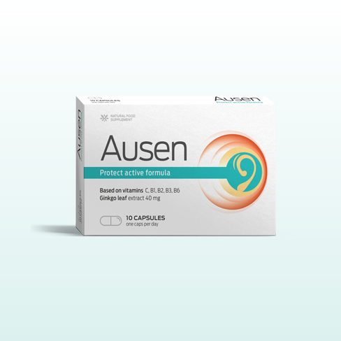Caixa de Ausen com 10 cápsulas de ginkgo e vitaminas para os ouvidos